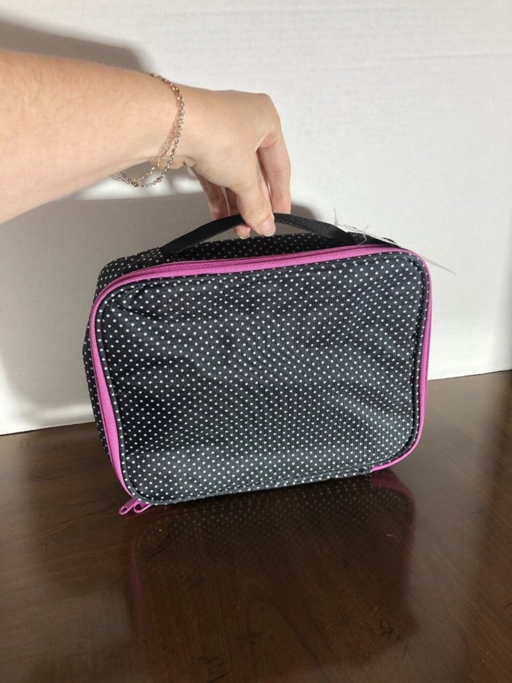 B & C Hanging Travel Cosmetic Bag In Black With Polka Dots 10” x 8” x 2”